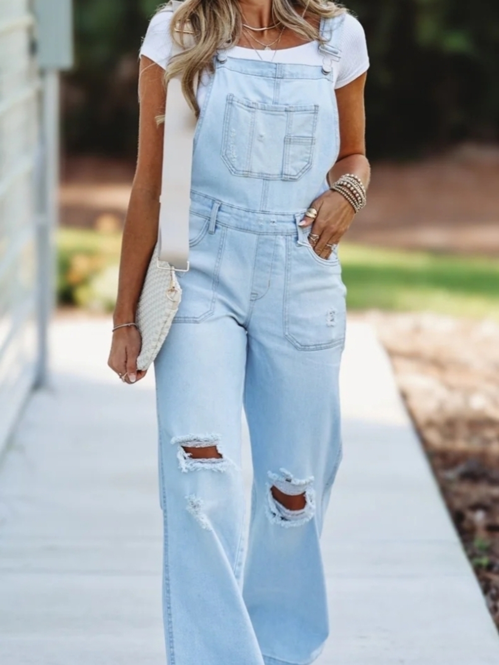 Light Blue Distressed Denim Overalls for Women - Casual Wide-Leg Size Large